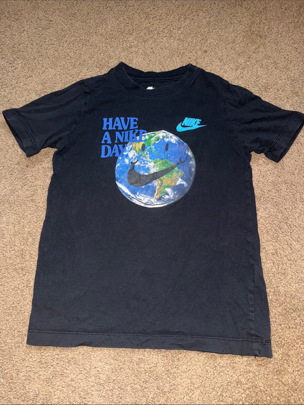 Nike Black Kids T-Shirt with Earth Graphic and Blue Accents